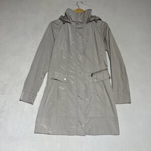 Cole Haan Rain Jacket Mid Length Womens S Gray Silver Packable Hooded Zip Coat
